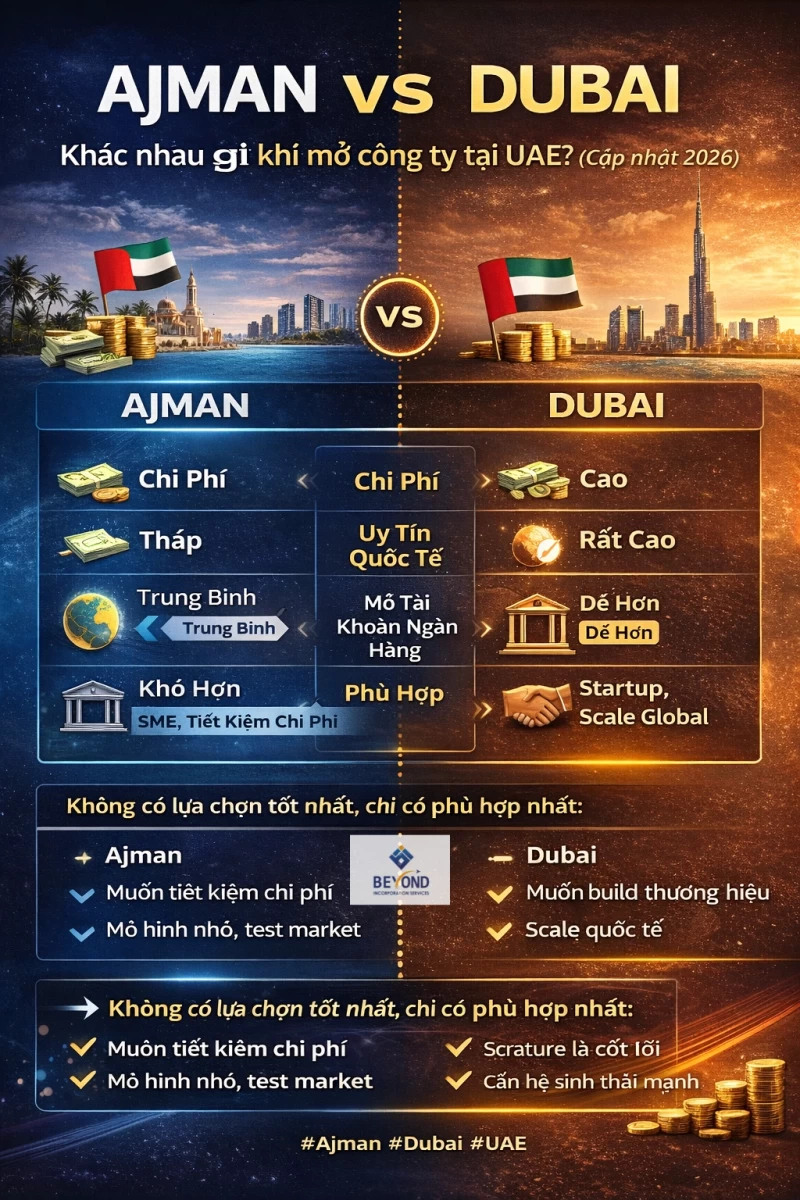 Ajman vs Dubai Khác nhau gì khi mở công ty tại UAE (Cập nhật 2026)